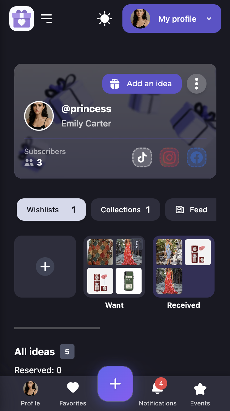 wishdo.io profile screen