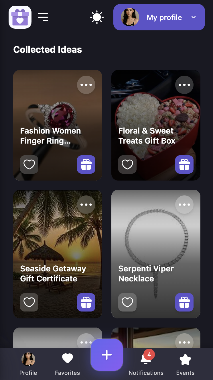 wishdo.io gifts and favorites screen